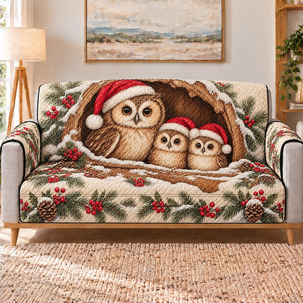 Christmas Owl Family Sofa Cover, long sofa view