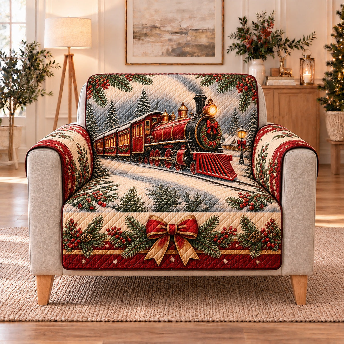 Red Christmas Train Sofa Cover, single-seat armchair view