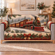 Red Christmas Train Sofa Cover, long sofa view