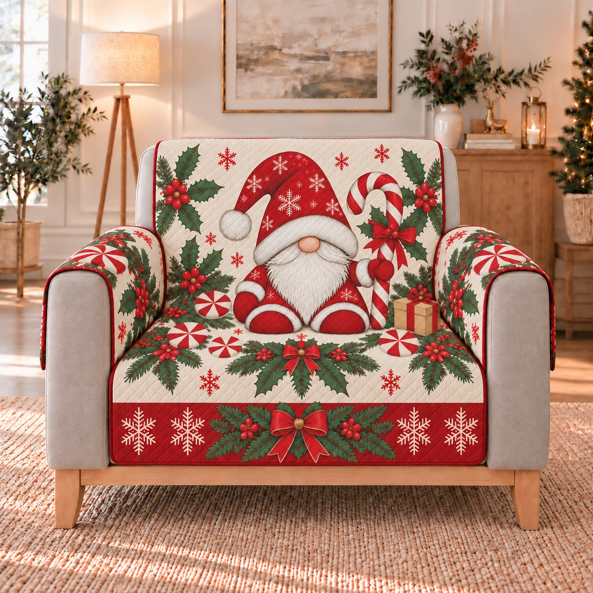Christmas Gnome Candy Cane Sofa Cover, single-seat armchair view