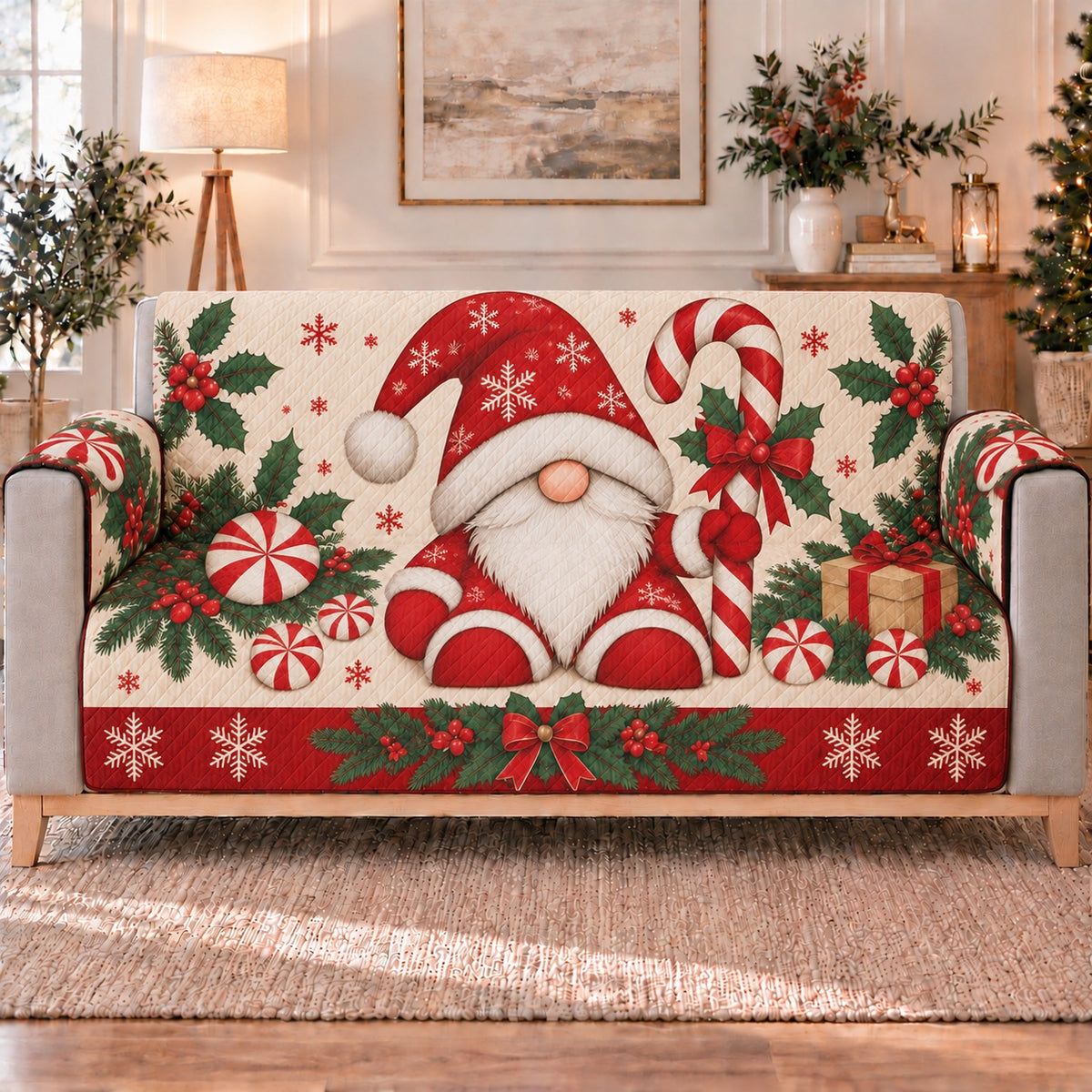 Christmas Gnome Candy Cane Sofa Cover, long sofa view
