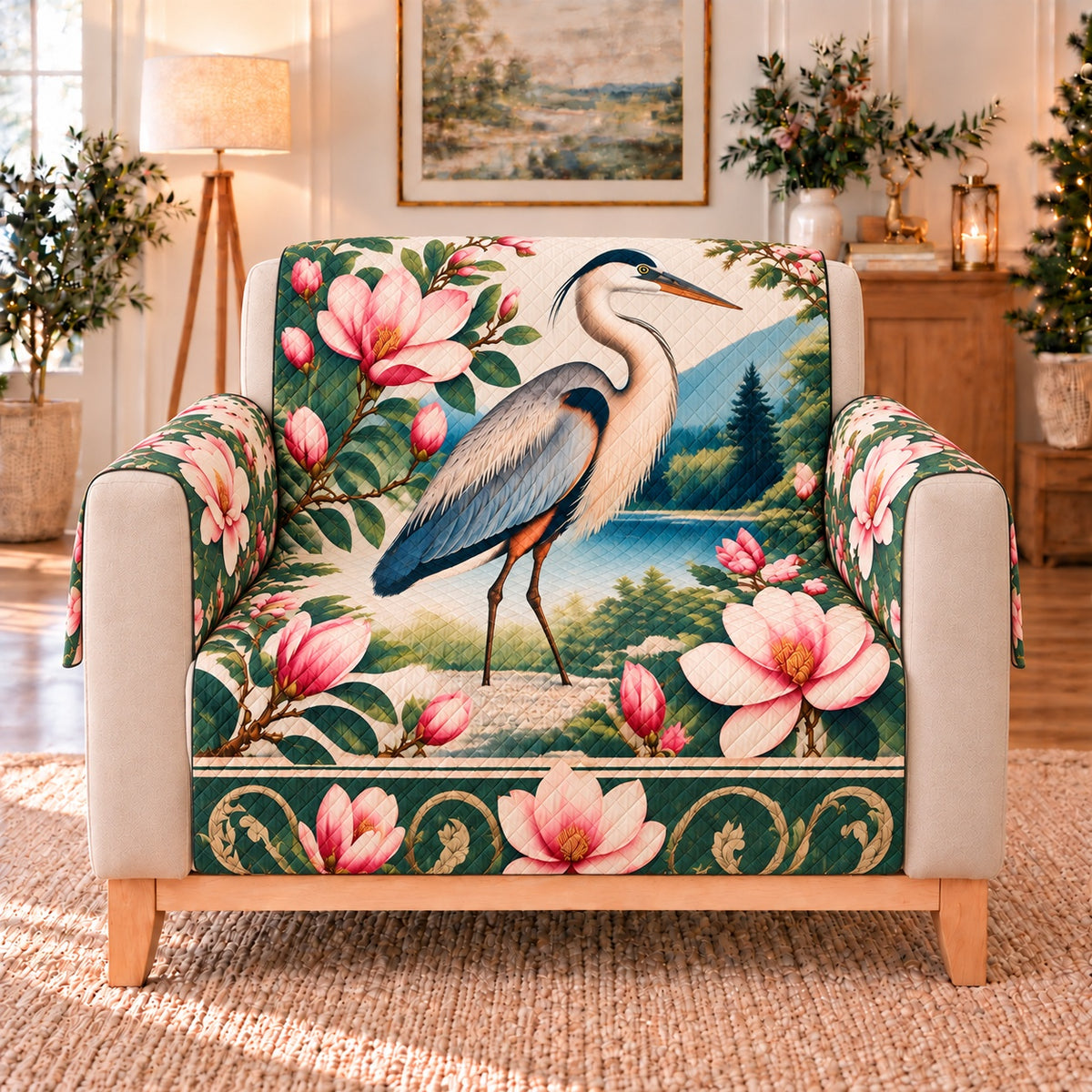 Blue Heron and Magnolia Sofa Cover, single-seat armchair view