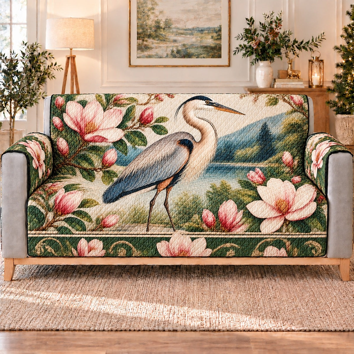 Blue Heron and Magnolia Sofa Cover, long sofa view