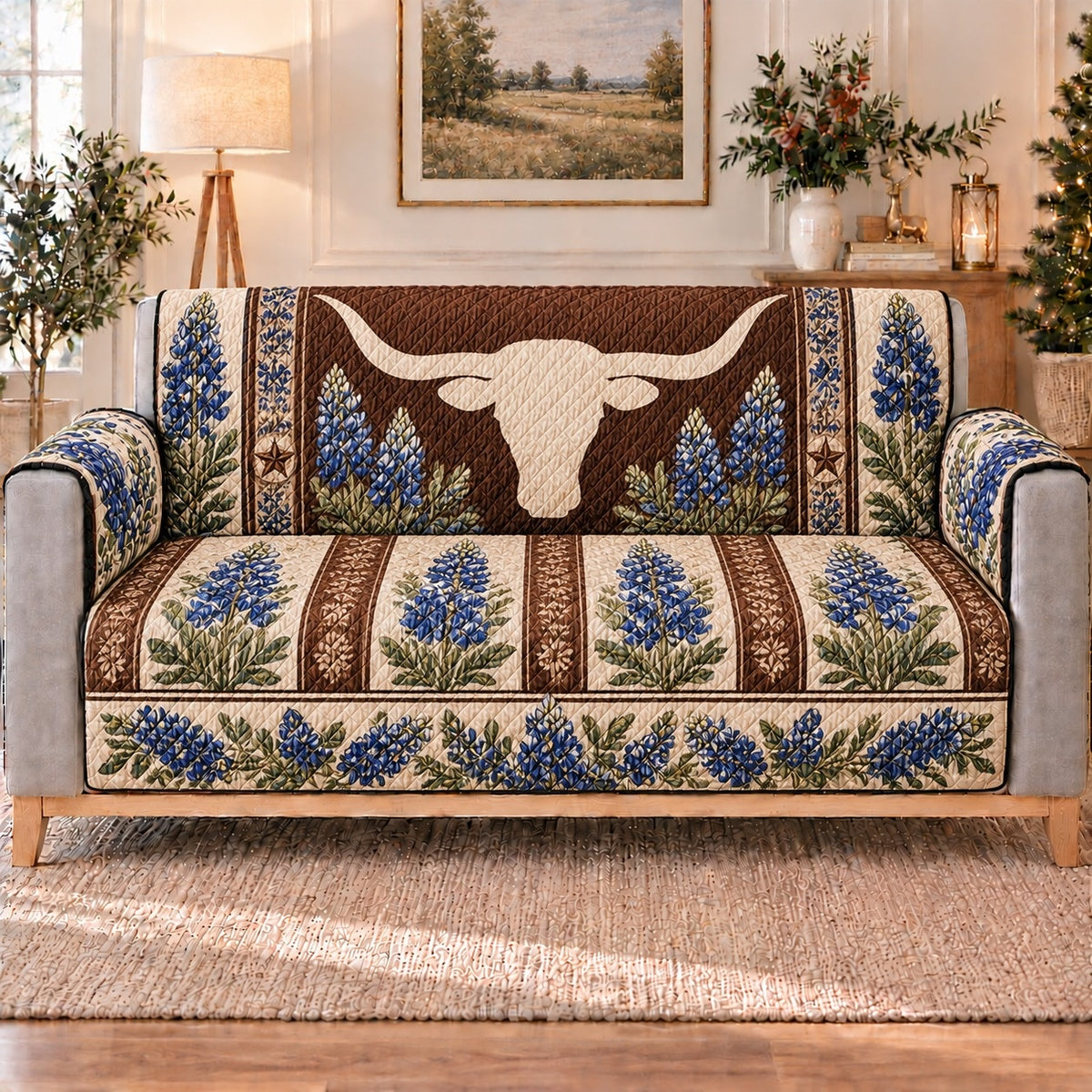 Texas Longhorn and Bluebonnet Sofa Cover, long sofa view