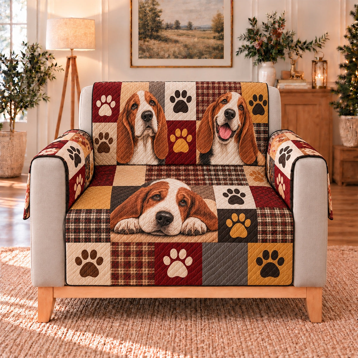 Basset Hound Patchwork Sofa Cover, single-seat armchair view