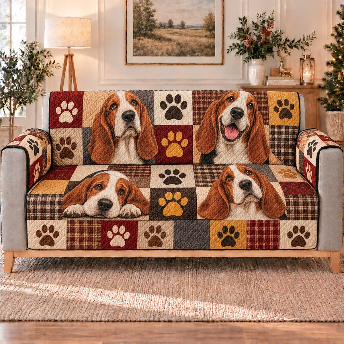 Basset Hound Patchwork Sofa Cover, long sofa view