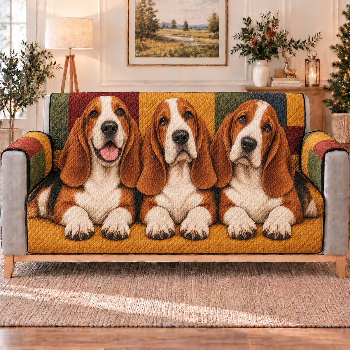 Basset Hound Trio Sofa Cover, long sofa view