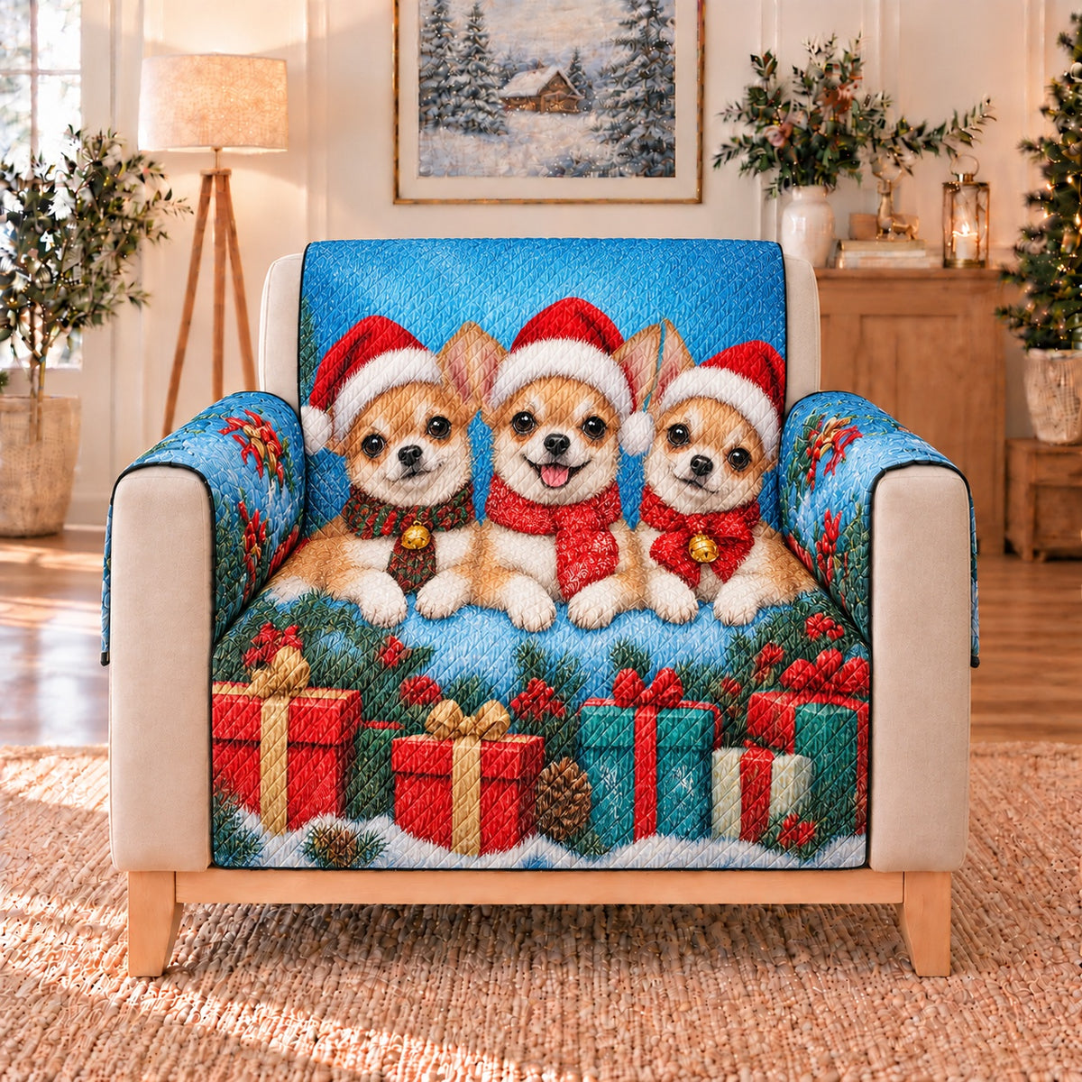 Christmas Chihuahua Trio Sofa Cover, single-seat armchair view
