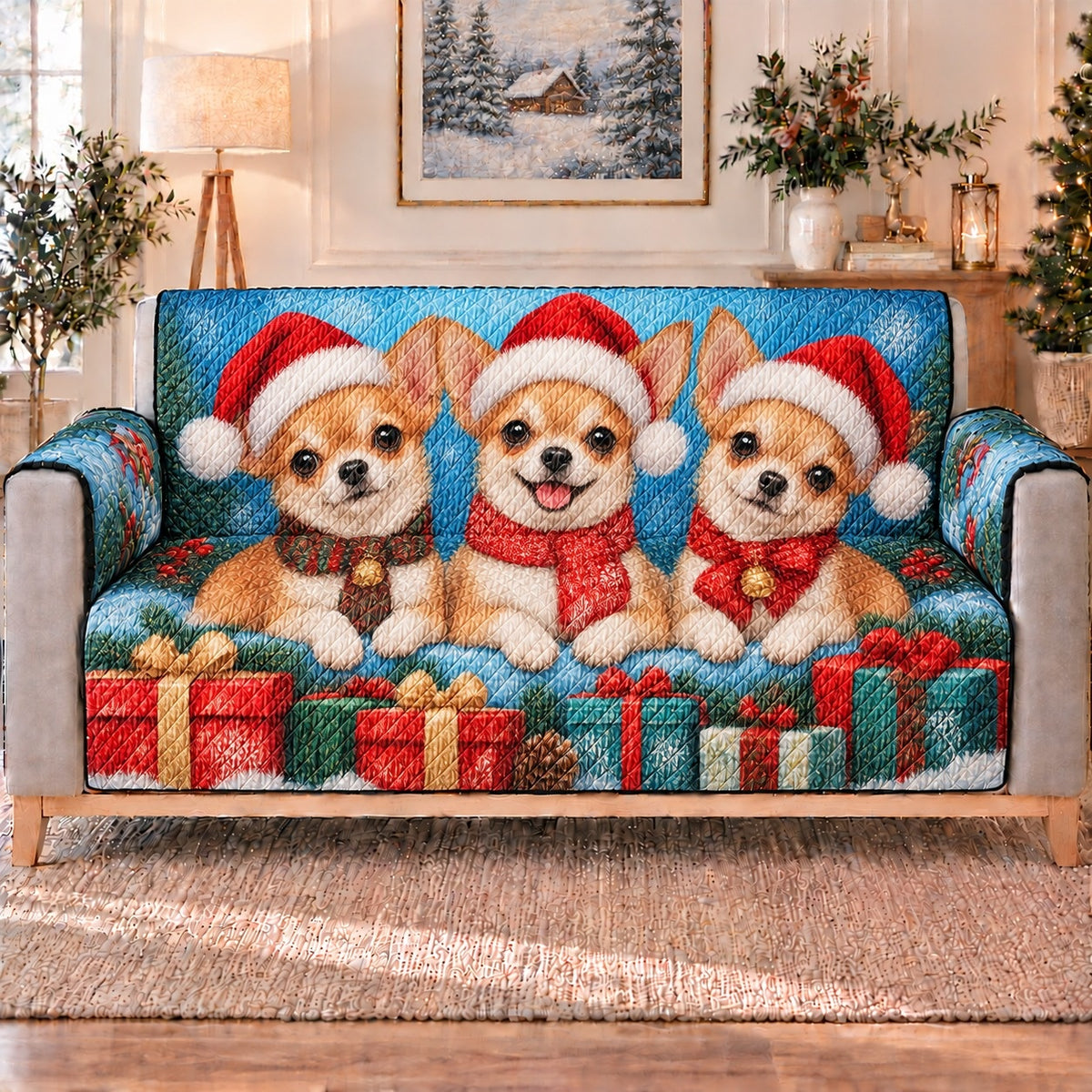 Christmas Chihuahua Trio Sofa Cover, long sofa view