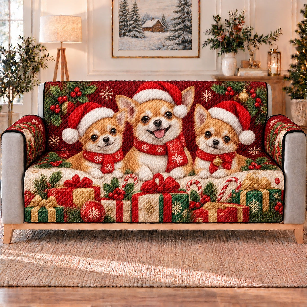 Christmas Chihuahua Sofa Cover, long sofa view