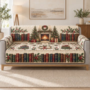 Christmas Library Fireplace Sofa Cover, long sofa view