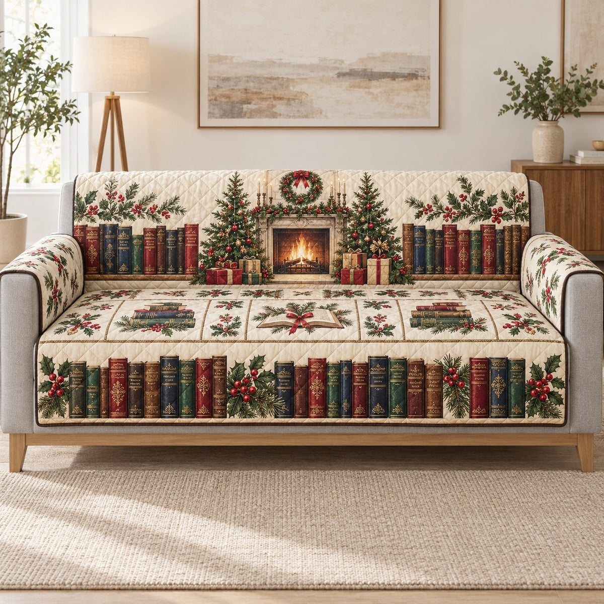 Christmas Library Fireplace Sofa Cover, long sofa view