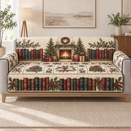 Christmas Library Fireplace Sofa Cover, Cozy Holiday Home Decor, Gift for Book Lovers