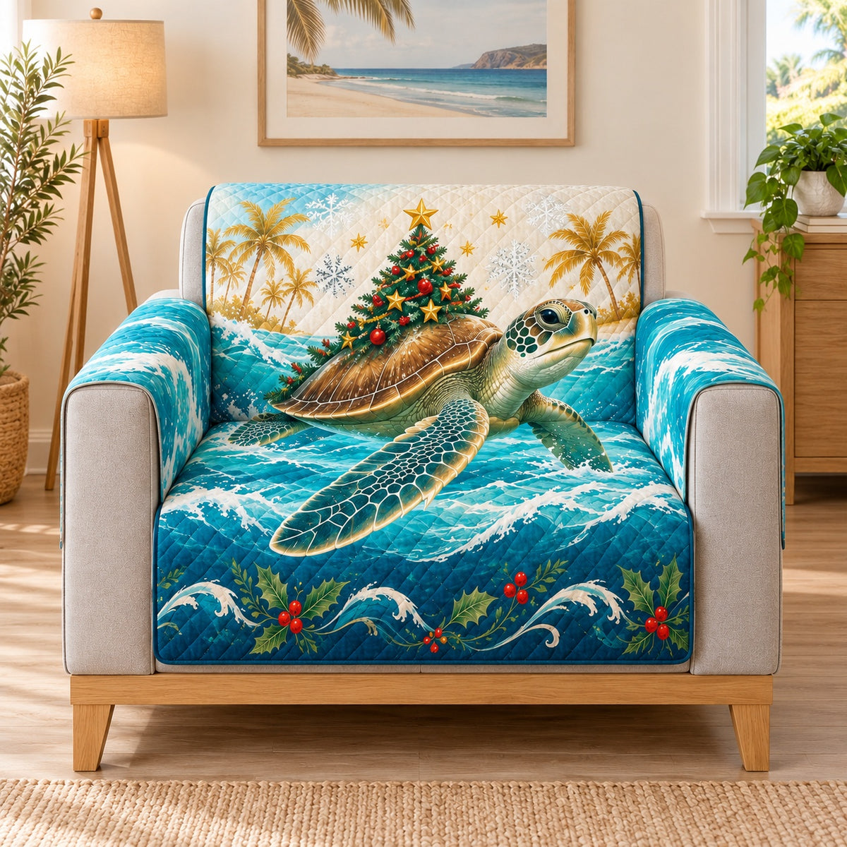 Christmas Sea Turtle Sofa Cover, single-seat armchair view