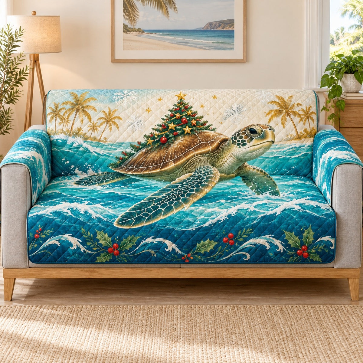 Christmas Sea Turtle Sofa Cover, long sofa view