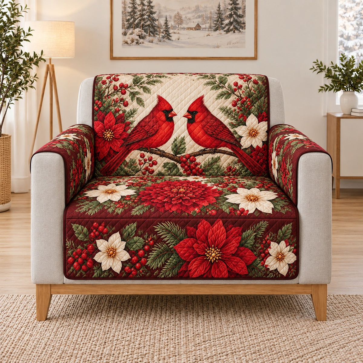 Christmas Cardinal and Poinsettia Sofa Cover, single-seat armchair view