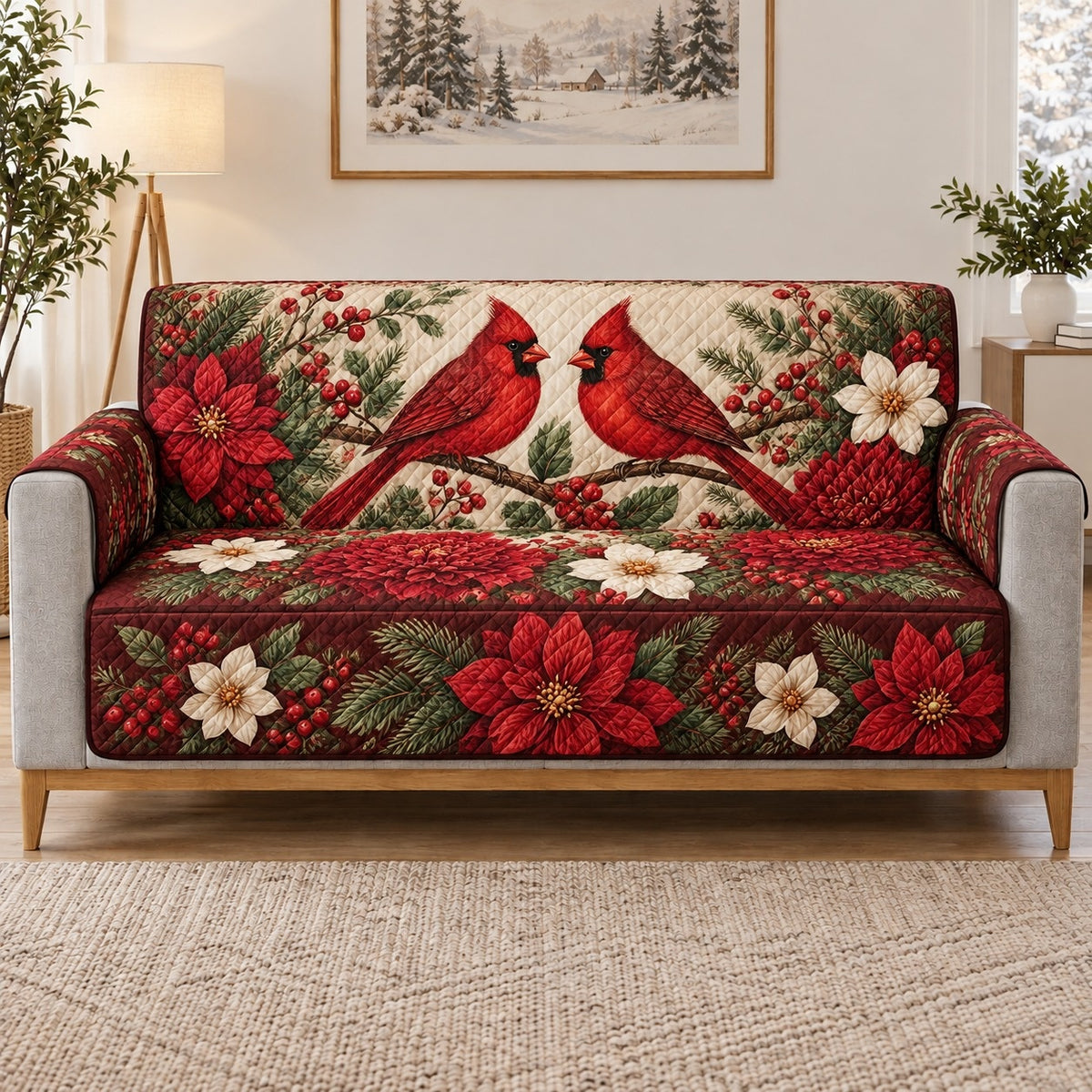 Christmas Cardinal and Poinsettia Sofa Cover, long sofa view