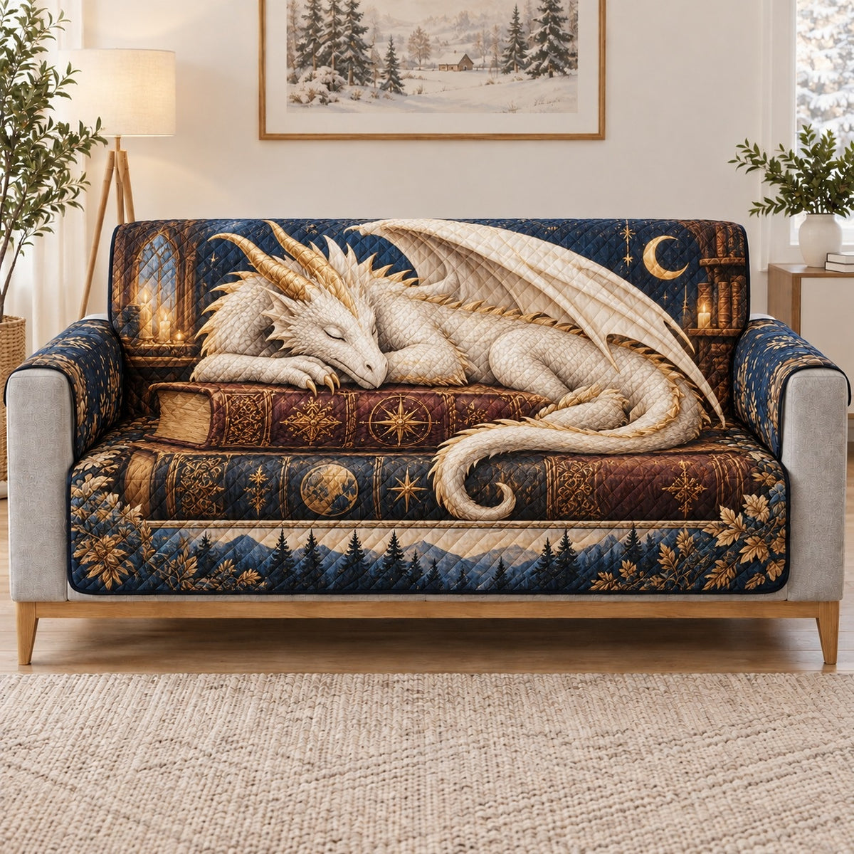 Sleeping White Dragon Sofa Cover, long sofa view