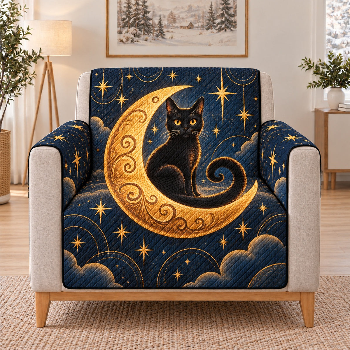 Black Cat Crescent Moon Sofa Cover, single-seat armchair view