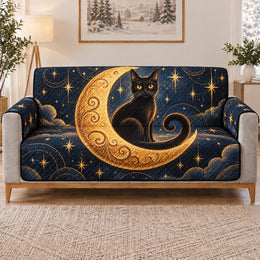 Black Cat Crescent Moon Sofa Cover, Celestial Home Decor, Gift for Cat Lovers