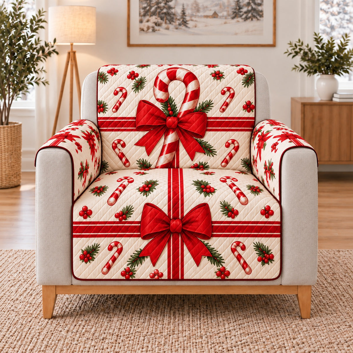 Candy Cane and Red Bow Sofa Cover, single-seat armchair view