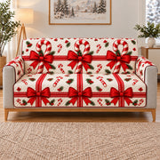 Candy Cane and Red Bow Sofa Cover, long sofa view