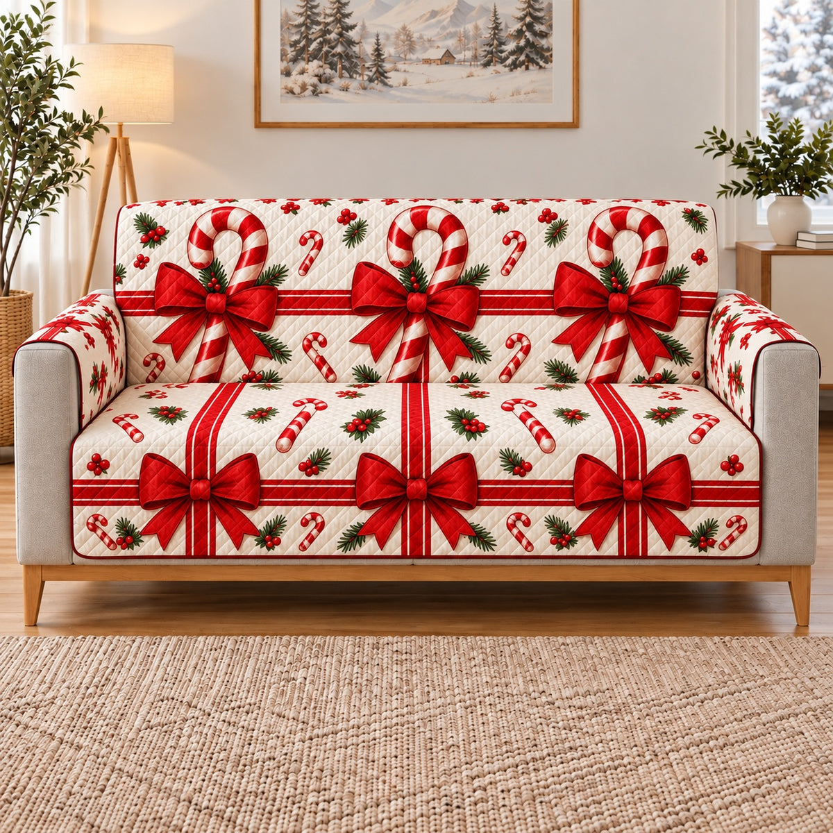 Candy Cane and Red Bow Sofa Cover, long sofa view