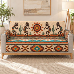 Kokopelli Southwest Sofa Cover, Desert Geometric Home Decor, Gift for Folk Art Lovers