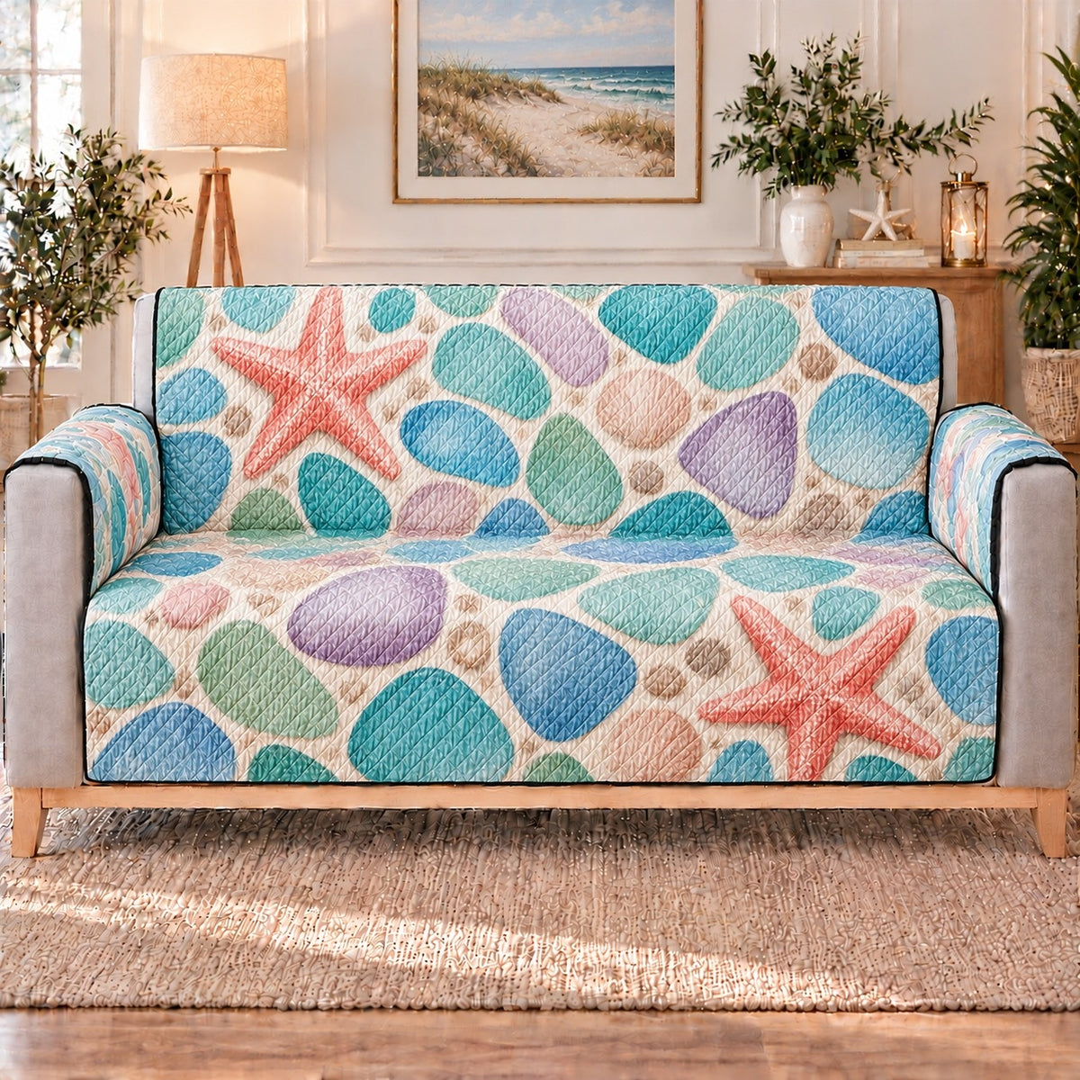 Pastel Sea Glass and Starfish Sofa Cover, long sofa view