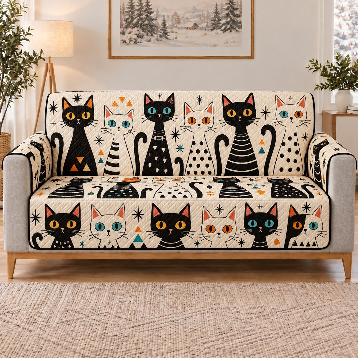 Black and White Cats Sofa Cover, long sofa view