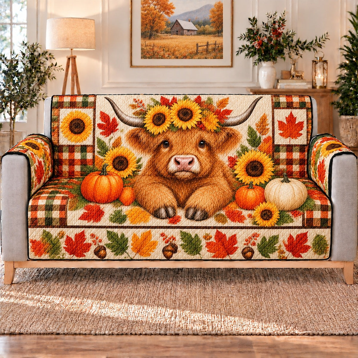 Autumn Highland Cow Sofa Cover, Sunflower Farmhouse Home Decor, Gift for Cow Lovers