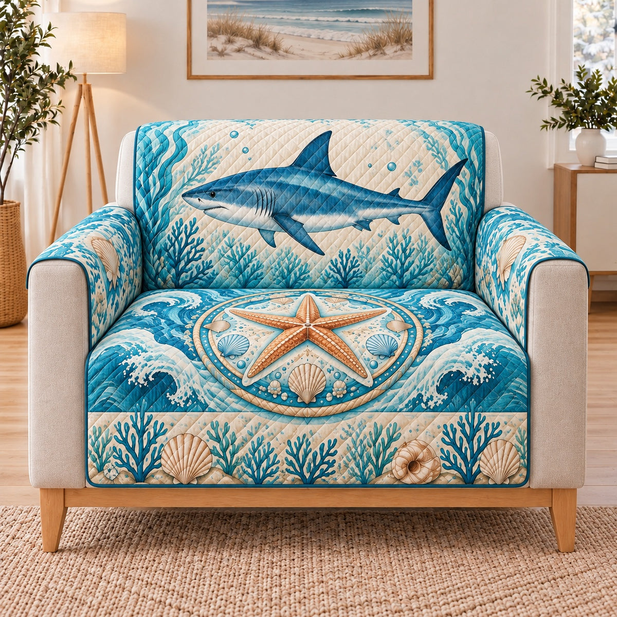 Blue Shark and Starfish Sofa Cover, single-seat armchair view