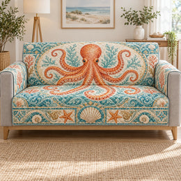 Orange Octopus Sofa Cover, Ornate Coastal Home Decor, Gift for Ocean Animal Lovers