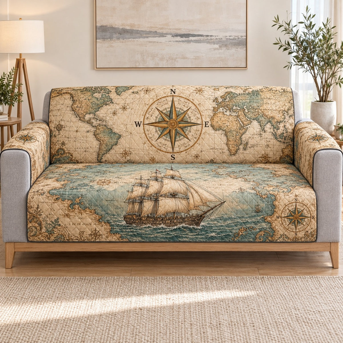 Vintage World Map Sofa Cover, Nautical Compass Home Decor, Gift for Travel Lovers