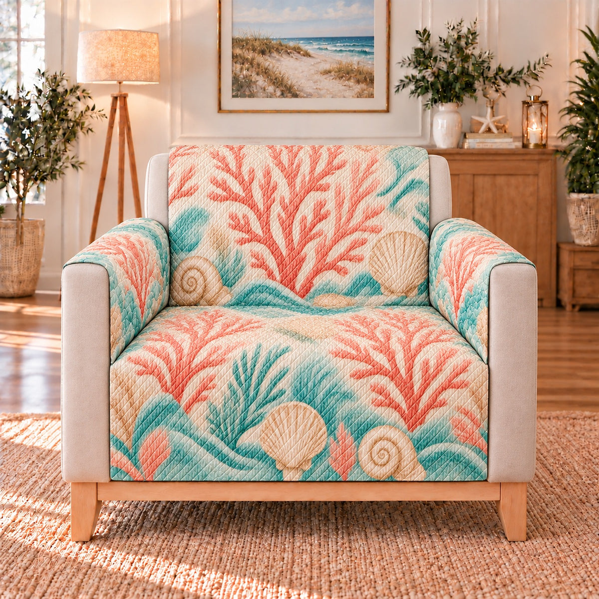 Pastel Coral and Seashell Sofa Cover, single-seat armchair view