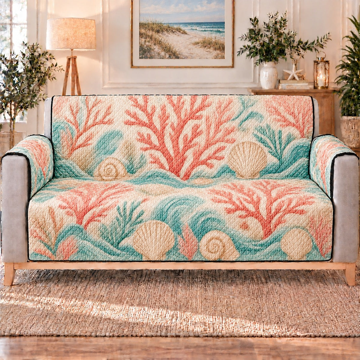 Pastel Coral and Seashell Sofa Cover, long sofa view