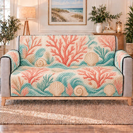 Pastel Coral and Seashell Sofa Cover, Coastal Home Decor, Gift for Beach Lovers
