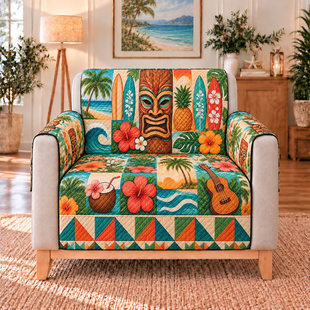 Tropical Tiki Patchwork Sofa Cover, single-seat armchair view