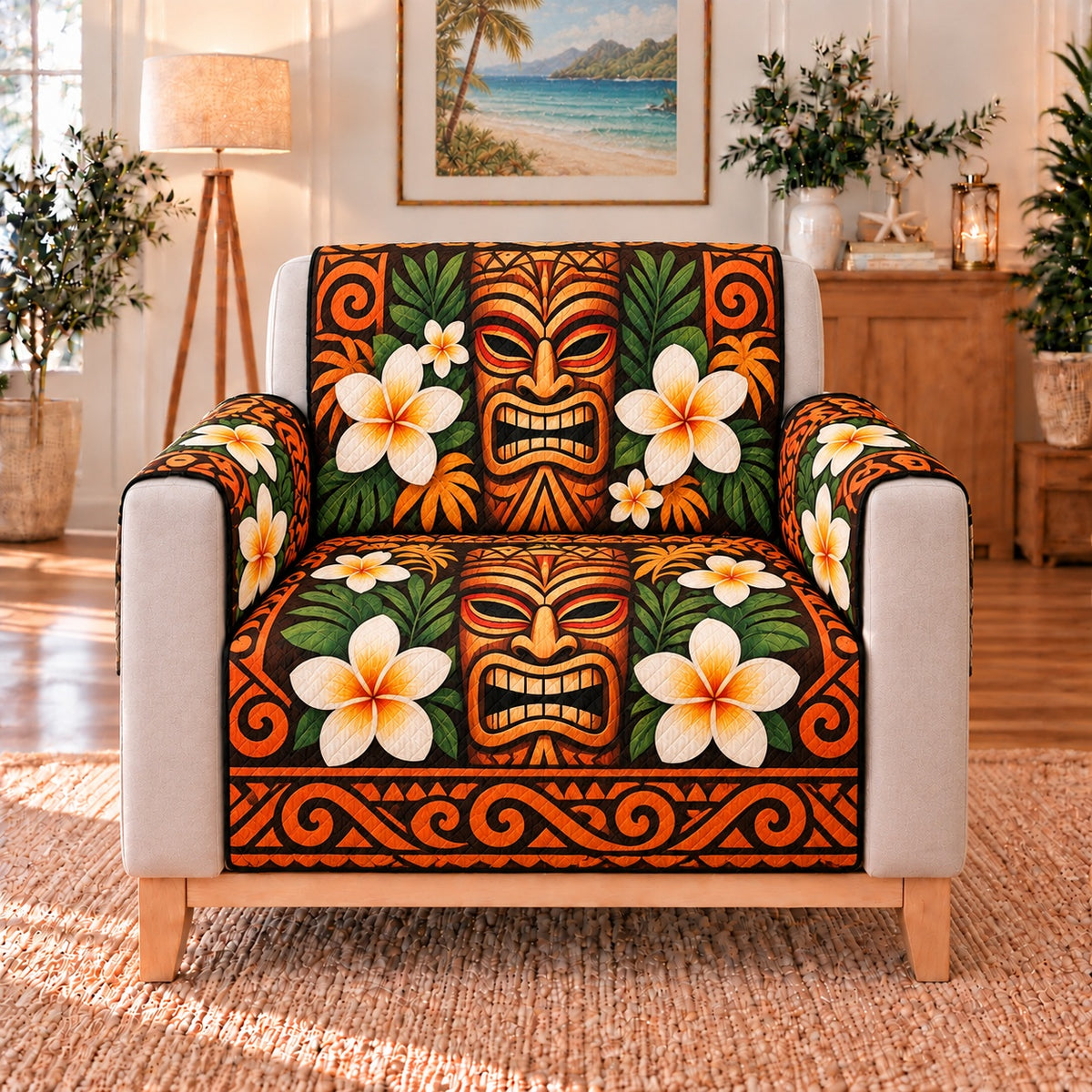 Orange Tiki and Plumeria Sofa Cover, single-seat armchair view