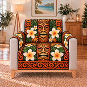 Orange Tiki and Plumeria Sofa Cover, single-seat armchair view