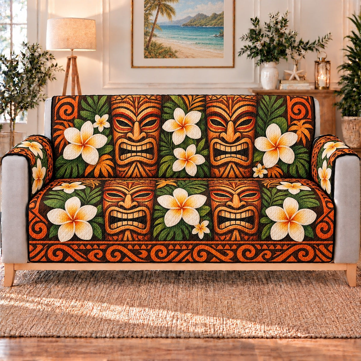 Orange Tiki and Plumeria Sofa Cover, long sofa view