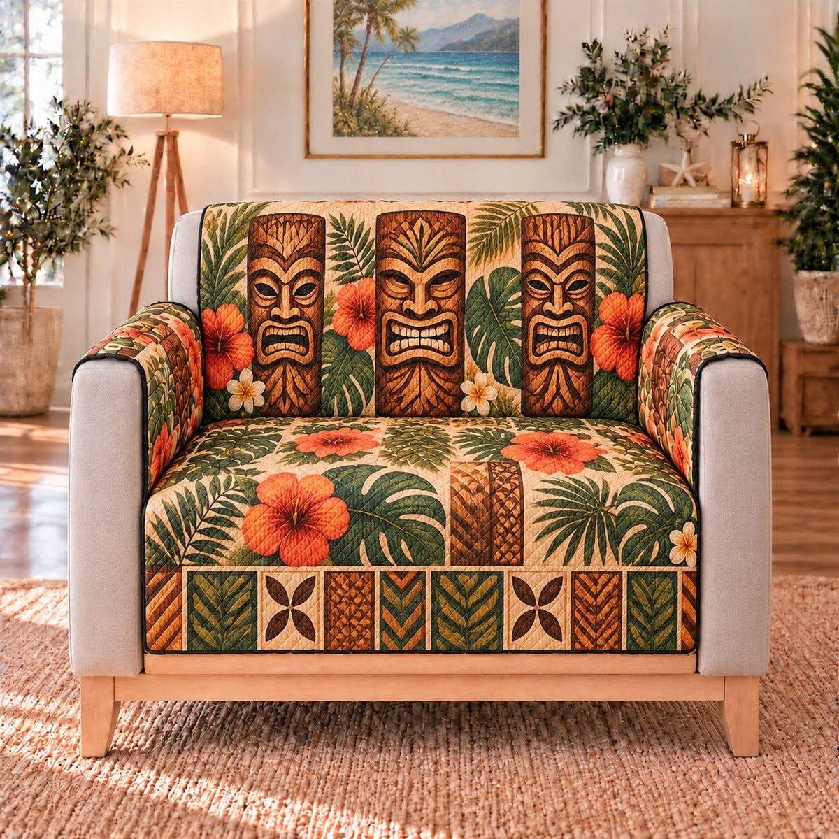 Tiki Mask Botanical Sofa Cover, single-seat armchair view