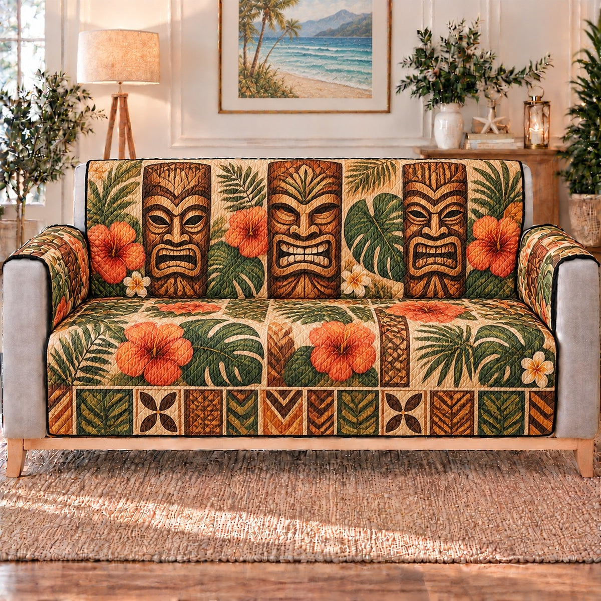 Tiki Mask Botanical Sofa Cover, long sofa view