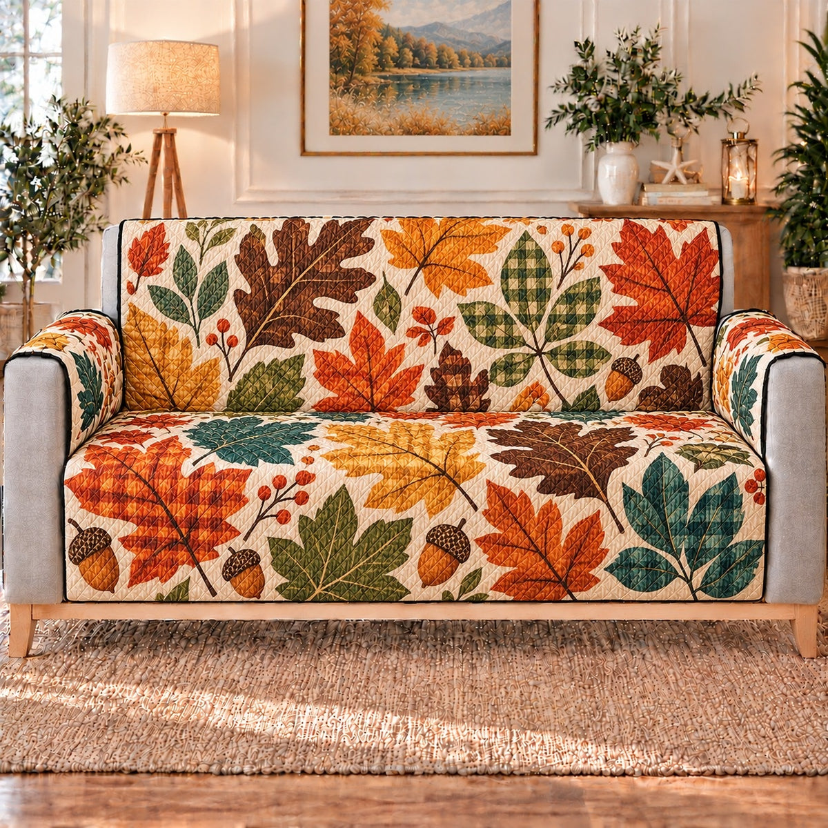 Autumn Leaves and Acorns Sofa Cover, long sofa view