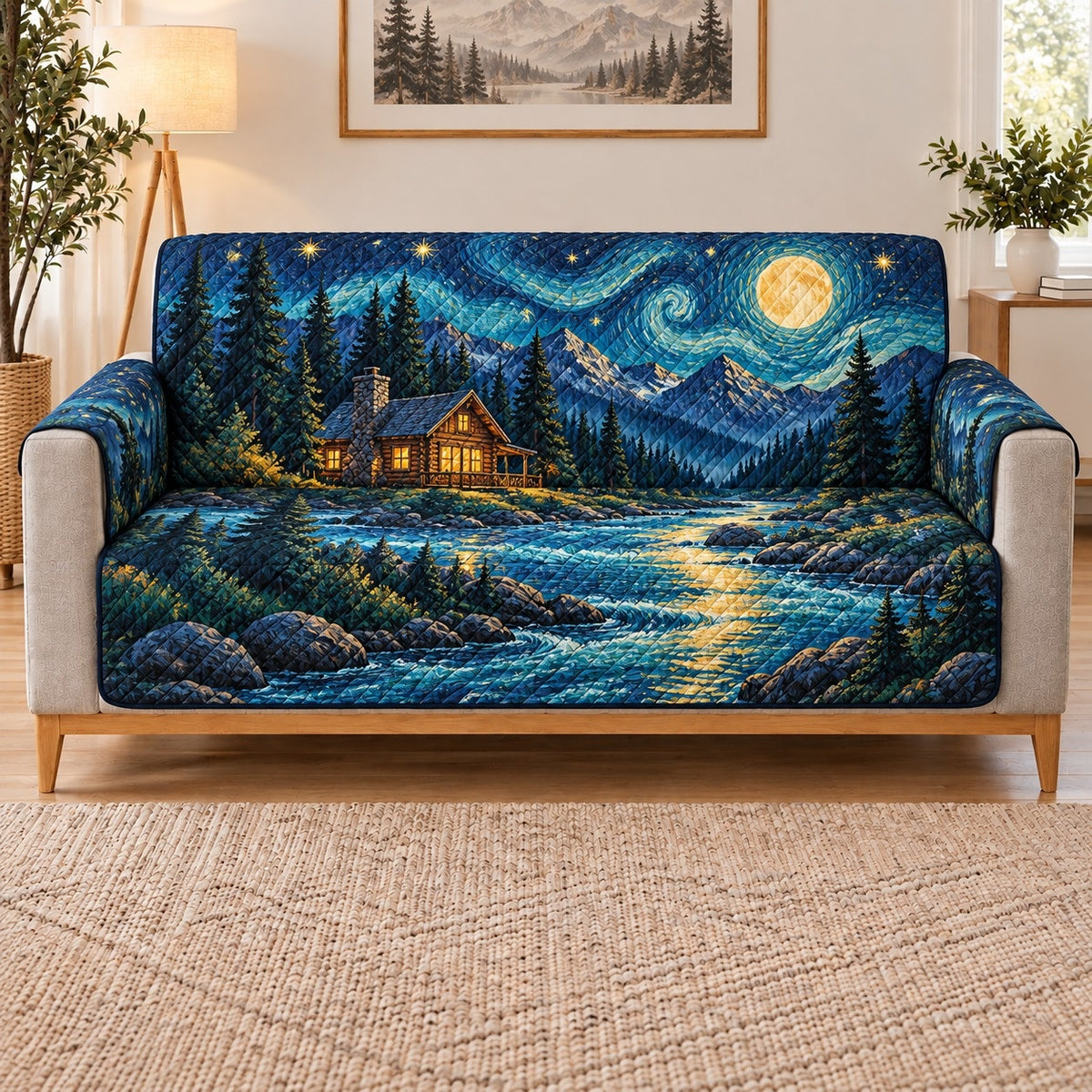 Moonlit Cabin and River Sofa Cover, long sofa view