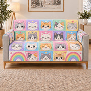 Pastel Kitten and Rainbow Sofa Cover, long sofa view
