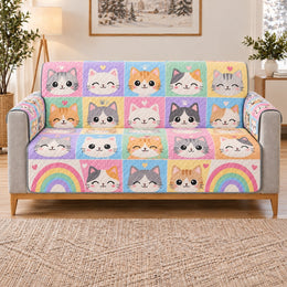 Pastel Kitten and Rainbow Sofa Cover, Cute Cat Home Decor, Gift for Kitten Lovers
