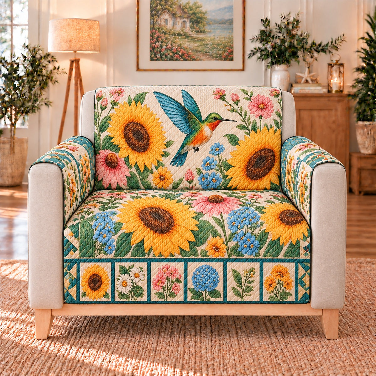 Hummingbird and Sunflower Sofa Cover, single-seat armchair view