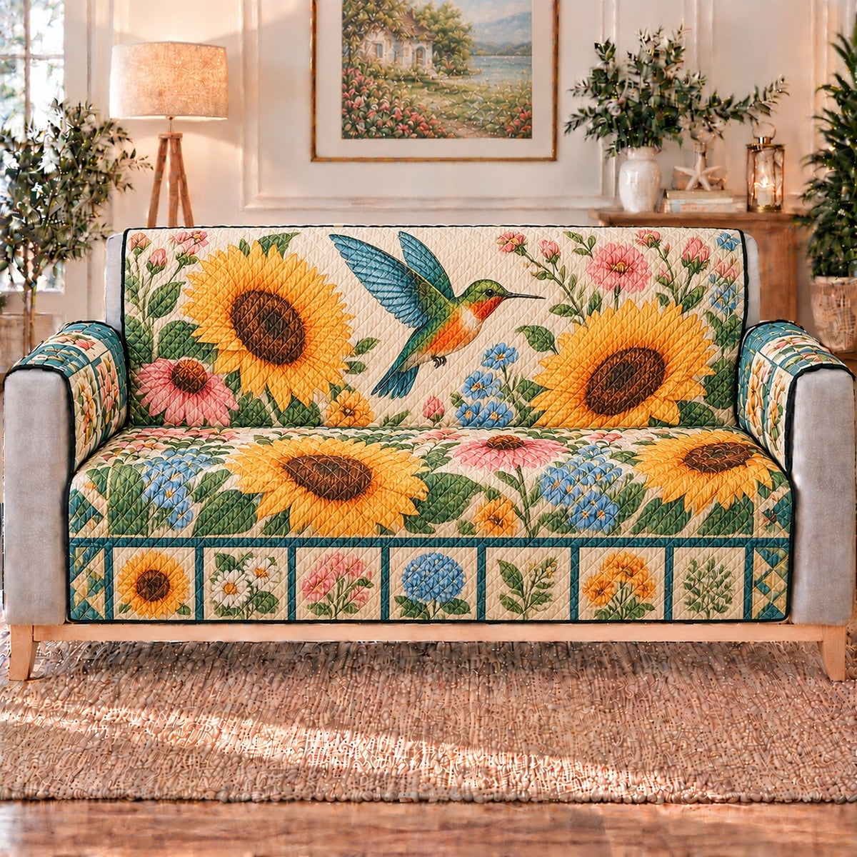 Hummingbird and Sunflower Sofa Cover, long sofa view