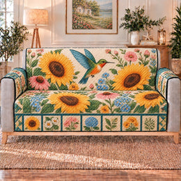 Hummingbird and Sunflower Sofa Cover, Floral Garden Home Decor, Gift for Bird Lovers